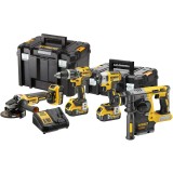 Set de 4 scule profesionale pe acumulator DeWALT DCK422P3T, 18 V, include: masina de gaurit DCD796, masina de insurubat cu impact DCF887, polizor DCG4