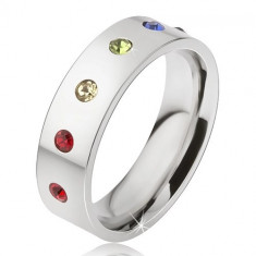 Inel lucios din oțel cu șase pietre colorate - Marime inel: 65