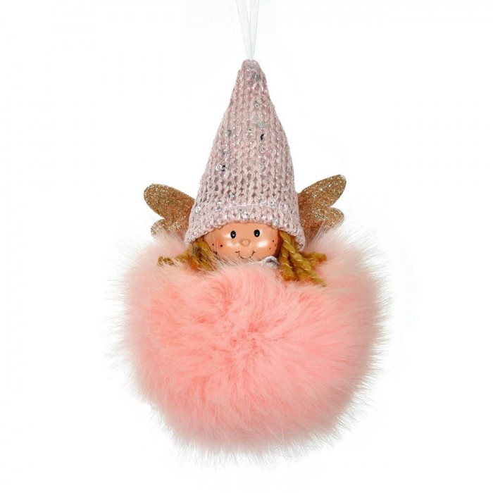 Ornament Brad Craciun, Fetita Ingeras, Blana Roz, 10x16cm