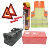 Cumpara ieftin Kit siguranta auto complet , geanta depozitare, extinctor spray 1000 ml, 2 triunghiuri reflectorizante, vesta reflectorizanta portocalie si trusa sani