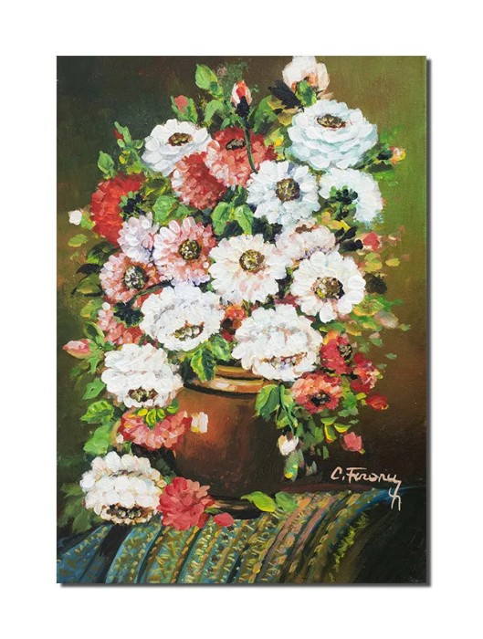 Tablou vaza cu trandafiri pictat manual, 50x35cm ulei pe panza, Constantin Feraru