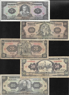 Set / Lot Ecuador 5 + 10 + 20 + 50 + 100 sucres foto