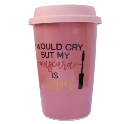 Cana ceramica de voiaj Pufo pentru cafea cu capac din silicon, 415 ml, model My mascara is Designer, roz foto