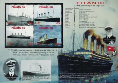 NIUAFO&amp;#039;OU 2012 - Titanic, aniversare 100 de ani / colita MNH foto