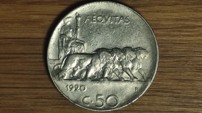 Italia - moneda de colectie - 50 centesimi 1920 muchie zimtata - Victor Emmanuel III - mai rara foto