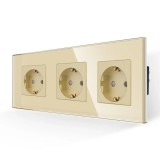 Priza schuko tripla Luxion LX-3MP010G-G, incastrat, contact de protectie, rama din sticla inclusa, auriu