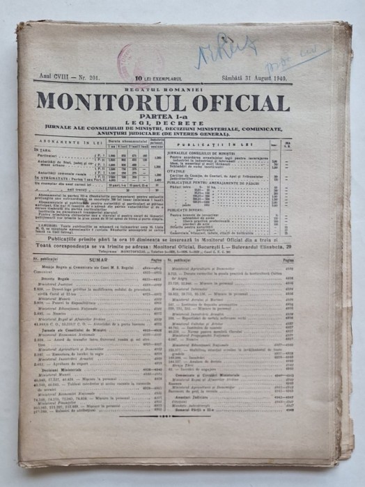 Monitorul Oficial Rom&acirc;nia &ndash; 31 august 1940 &ndash; Dictatul de la Viena &ndash; rar