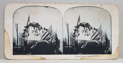 LANSAREA LA APA A UNEI NAVE DE RAZBOI , FOTOGRAFIE STEREOSCOPICA , POLICROMA, PE CARTON , PRIMUL RAZBOI MONDIAL foto