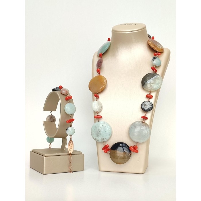 Set Luce din coral roșu natural și amazonit