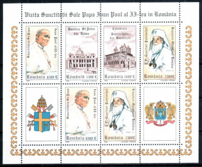 Romania 1999, LP 1484 a, Vizita Papei Ioan Paul II, bloc de 6 cu 2 viniete, MNH! foto
