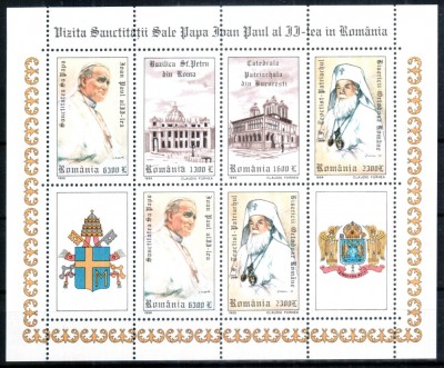 Romania 1999, LP 1484 a, Vizita Papei Ioan Paul II, bloc de 6 cu 2 viniete, MNH! foto