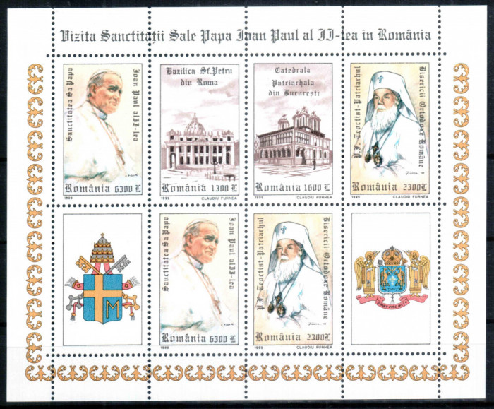 Romania 1999, LP 1484 a, Vizita Papei Ioan Paul II, bloc de 6 cu 2 viniete, MNH!