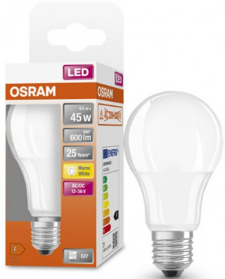 Bec LED Osram Classic A60, E27, 12-36V AC/DC, 6.5W (45W), 600 lm, lumina calda foto