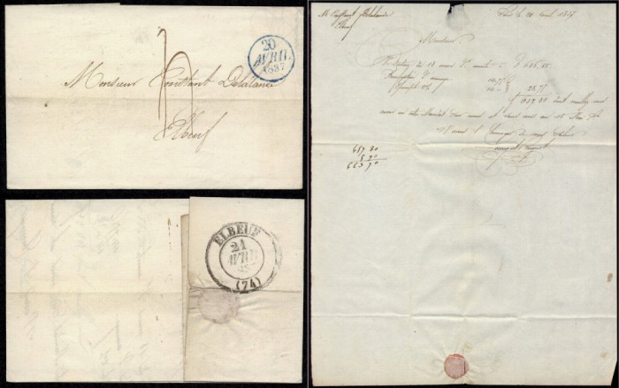France 1837 Postal History Rare Stampless Cover + Content Paris to Elbeuf DB.091