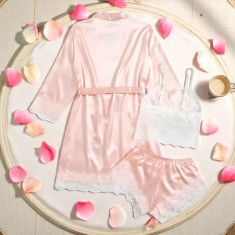 Set Pijama de Dama 3 Piese din Satin, Culoare Somon - ANI106