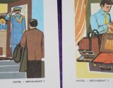 lot 2 planse didactice epoca de aur 1978 - Pe strada (orasul) - Hotel-restaurant- 24x17 cm