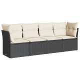 Set mobilier de gradina cu perne, 4 piese, negru, poliratan