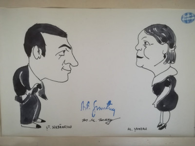 Desen caricatură de M. H. Maxy , tuș pe h&amp;acirc;rtie lipită pe carton, 19 x 28 cm foto