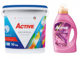 Detergent Universal de rufe pudra Active, galeata 10kg, 130 spalari + Balsam de rufe Active Happy Day, 1.5 litri, 60 spalari