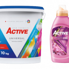 Detergent Universal de rufe pudra Active, galeata 10kg, 130 spalari + Balsam de rufe Active Happy Day, 1.5 litri, 60 spalari