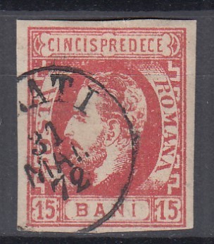 ROMANIA 1872 LP 32 REGELE CAROL I CU BARBA 15 BANI ROSU STAMPILAT GALATI foto