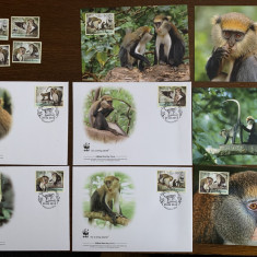 guineea bissau - maimute - serie 4 timbre MNH, 4 FDC, 4 maxime, fauna wwf