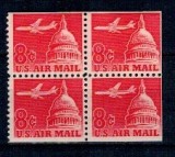 SUA 1962 - Posta Aeriana, 6c, avion deasupra Clădirii Capitoliului, bloc de 4 neuzat cu vinieta
