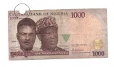 Bancnota Nigeria 1000 naira 2016, circulata, uzata, mica ruptura