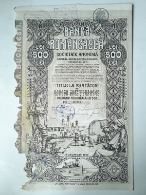 500 Lei 1922 Banca Romaneasca actiuni vechi / Romania 401229 foto