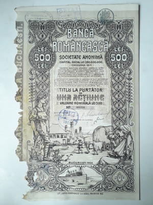 500 Lei 1922 Banca Romaneasca actiuni vechi / Romania 401229 foto