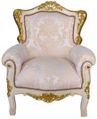 Fotoliu baroc din lemn masiv alb cu tapiterie argintie CAT650D27