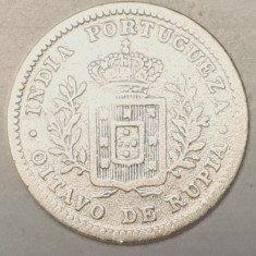 803 India Portugheza ⅛ Rupia 1881 Luíz I (Calcutta mint) km 309 argint