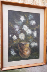 Vaza cu flori albe, P. Popescu, pictura in ulei foto
