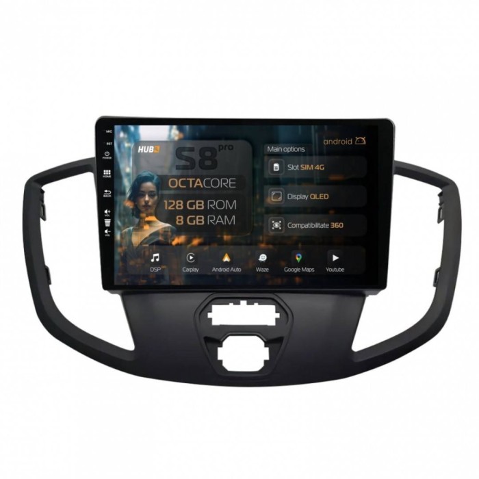 Navigatie Ford Transit (2014-2020) 8GB RAM Android 13 Octacore Slot Sim 4G DSP GPS Wi-FI Carplay Android Auto USB Bluetooth Waze Touchscreen 9 Inch