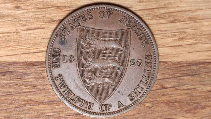 R10 Jersey -moneda de colectie bronz rara- 1 / 12 shilling 1923- George V - xf+/aunc