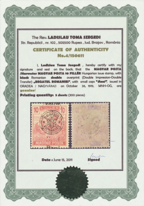 Oradea 1919 eroare seceratori M.P. 10 Bani cu sursarj dublu cu atest Szegedi MNH