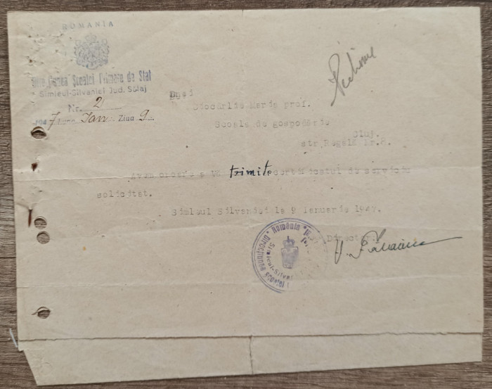 Certificat de serviciu Simleul Silvaniei 1947