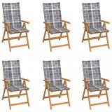 vidaXL Scaune de grădină cu perne, 6 buc, gri, carouri, lemn masiv tec