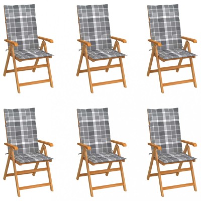 vidaXL Scaune de grădină cu perne, 6 buc, gri, carouri, lemn masiv tec 3065574 foto