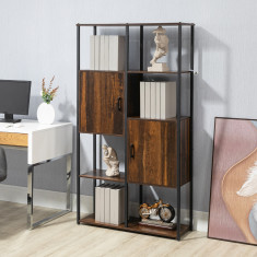 HOMCOM Biblioteca in stil industrial modern cu 4 rafturi si 2 dulapuri, rafturi din metal si lemn pentru casa si birou, 90x30x159,5 cm, negru si maro