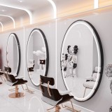 Consolă de coafură, frizerie și cosmetică, cu oglindă LED, 180x90, neagră, rotundă