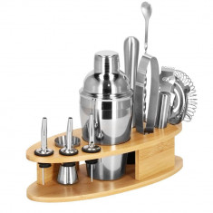 Kit pentru barmani, cocktail shaker, suport bambus, inox, set 11 piese, 550 ml, Springos foto