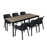 Set mobilier gradina Keter Romen Large 6+1 | Scaune grafit aspect ratan, Masa blat frasin | Rezistent UV, Stivuibil