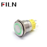 Buton push iluminat fara mentinere, 5A 12V DC, 19mm, IP67, metalic, inel LED verde, 5 pini, FLM19-FJ-1-EX000-S11M5-GREEN