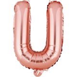 Balon folie metalizata litera u, flippy, 40 cm, umflati cu heliu sau aer, ambalaj individual, pai inclus, rose gold