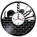 Ceas de perete decorativ, model Constructii si Zidarie, pentru Constructori si Mesteri, din disc de vinil retro, diametru 30 cm, Negru