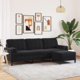 vidaXL Canapea cu 3 locuri și taburet, negru, 210 cm, catifea 3278282