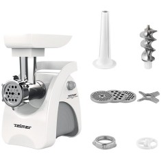 Masina de tocat carne Zelmer ZMM9801B, 2200 W, pana la 3 kg / min, accesoriu carnati si 3 razatoare, cutite cu 2 fete, functie Reverse, alb