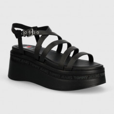 Tommy Jeans sandale de piele TJW STRAPPY WEDGE SANDAL culoarea negru, EN0EN02516