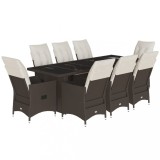 Cumpara ieftin Set bistro de gradina cu perne, 9 piese, maro, poliratan